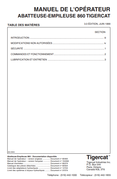 Tigercat 860 Feller Buncher Operator/User Manual (8600501-86011499)