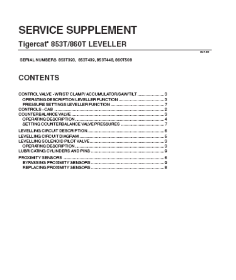 Tigercat 853T Feller Buncher Service Leveller Supplement Manual (853T393-853T499)