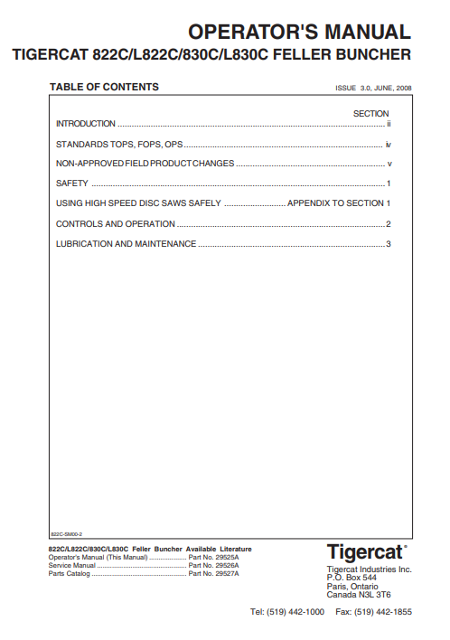 Tigercat 830C Feller Buncher Operator/User Manual (83011001-83013000, 83011001-83011999)