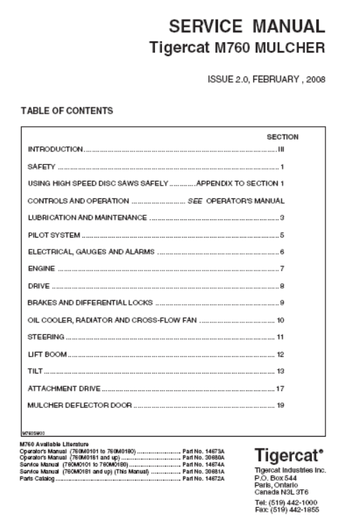 Tigercat M760 Mulcher Service Repair Manual (760M0101-760M0500, 760M0181-760M0500)