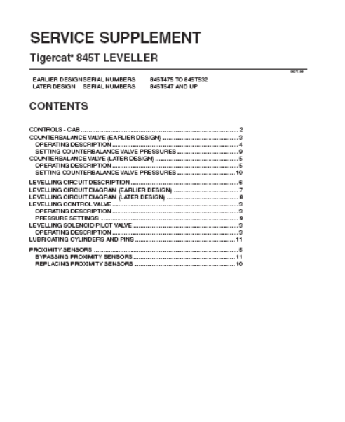 Tigercat L845 Feller Buncher Service Leveller Supplement Manual (845T475-845T500)