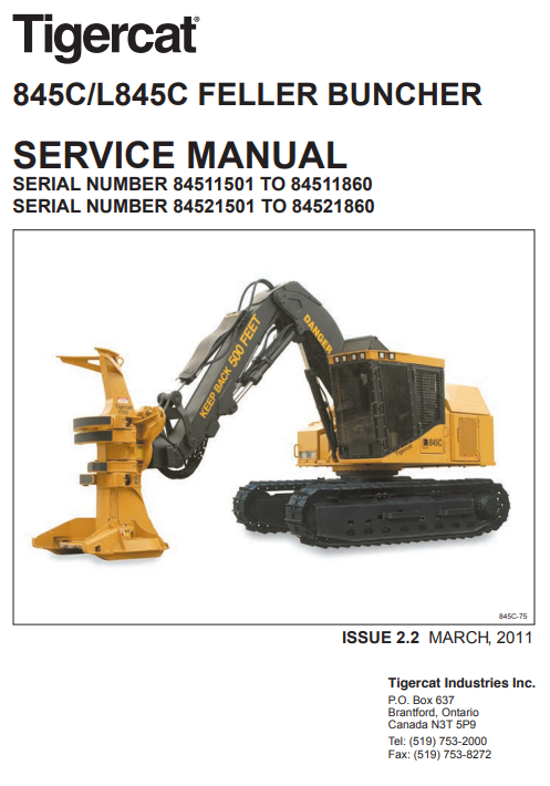 Tigercat 845C Feller Buncher Service Repair Manual (84511501-84512500, 84511501-84511860)