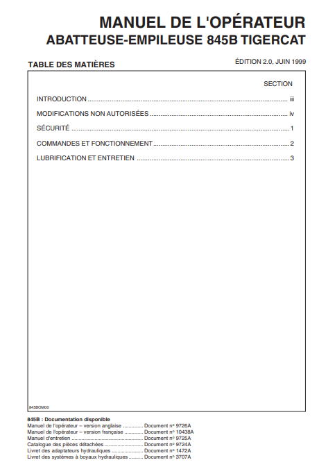 Tigercat 845B Feller Buncher Operator/User Manual (8450501-8451499)