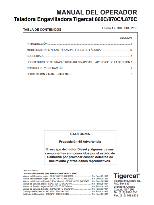 Tigercat 870C Feller Buncher Operator/User Manual (87011501-87013500, 87012101-87012499)