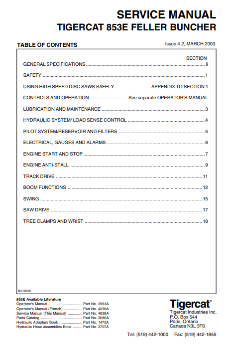 Tigercat 853E Feller Buncher Service Repair Manual (8530101-8530450)