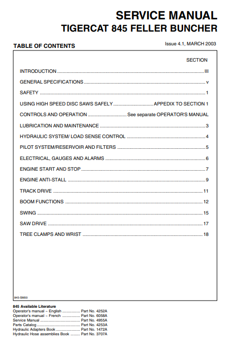 Tigercat L845 Feller Buncher Service Repair Manual (845T475-845T500)
