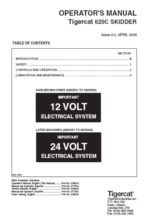 Tigercat 620C Skidder Operator/User Manual (6200501-6205000)