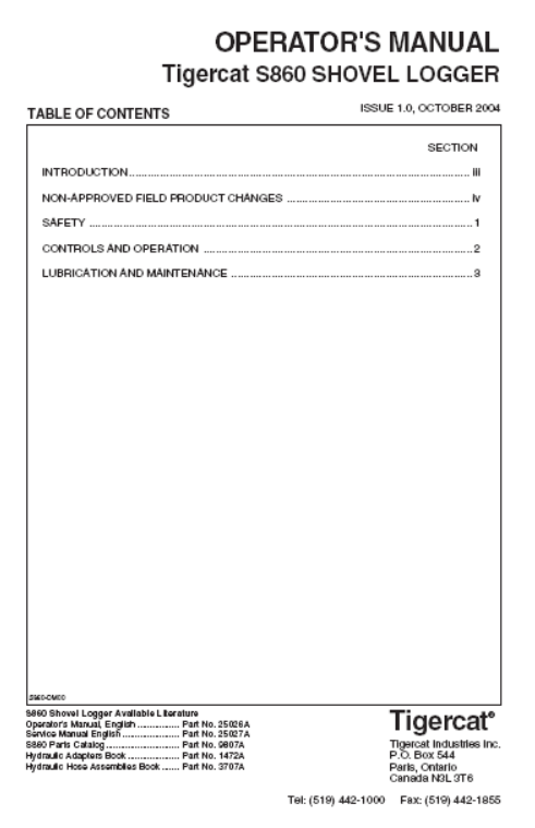 Tigercat S860 Shovel Logger Operator/User Manual (860S0501-86051499, 86051001-86051499)