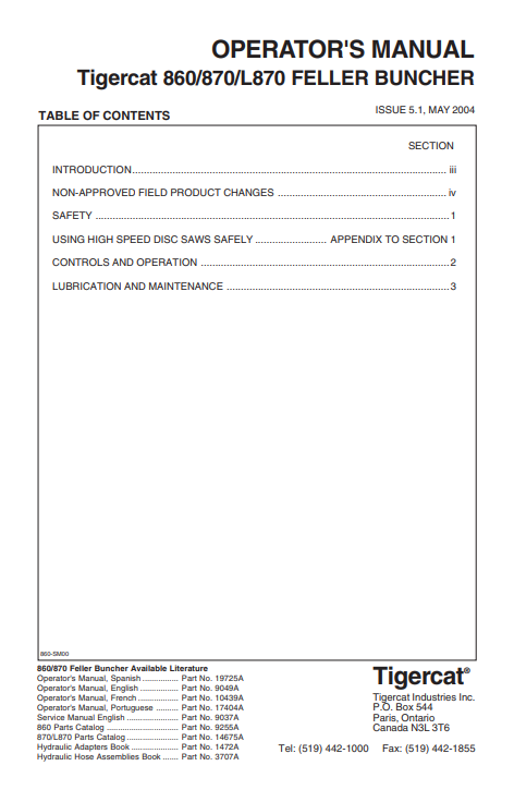 Tigercat 860T Feller Buncher Operator/User Manual (860T508-860T799)