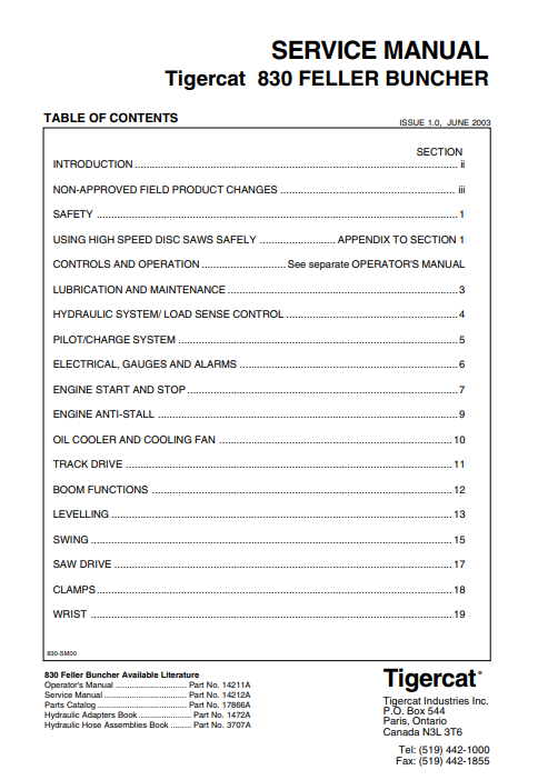 Tigercat L830 Feller Buncher Service Repair Manual (830T0101-83020999, 830T0101-830T0499)