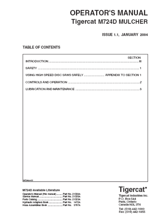 Tigercat M724D Mulcher Operator/User Manual (724M2101-724M2500)
