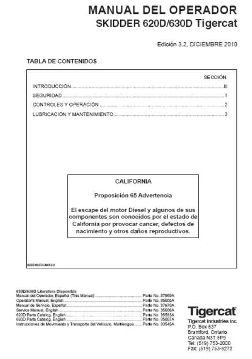 Tigercat 630D Skidder Operator/User Manual (6303001-6304000)