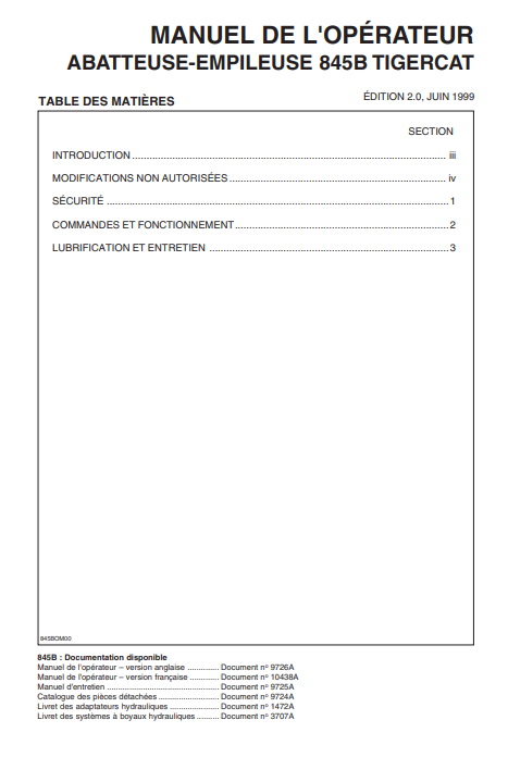 Tigercat L845B Feller Buncher Operator/User Manual (845T0501-845T1499)