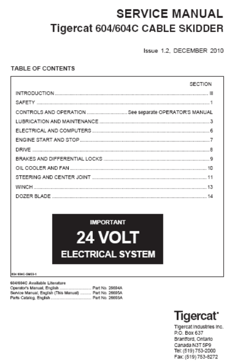 Tigercat 604C Cable Skidder Service Repair Manual (6040201-6041000, 6040201-6040500)