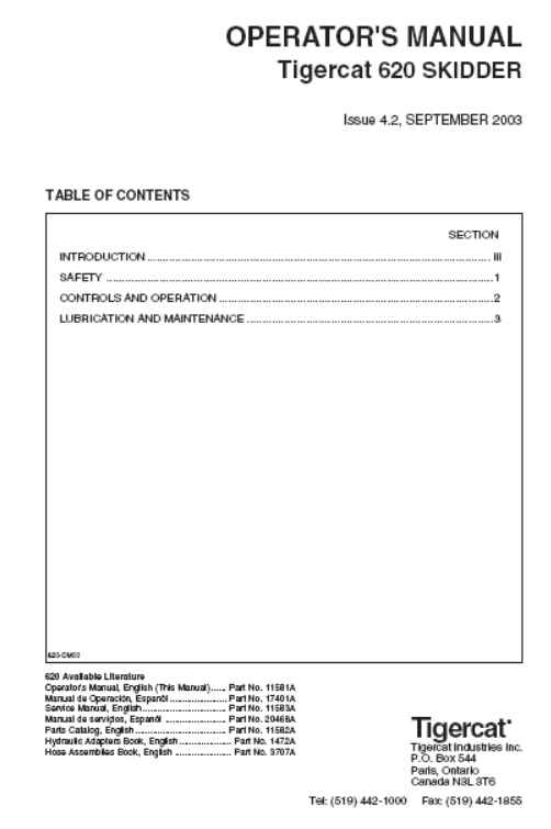 Tigercat 620 Skidder Operator/User Manual (6200111-6200499)