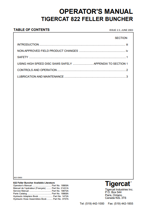 Tigercat 822 Feller Buncher Operator/User Manual (8220101 - 82210999, 8220101-8220999)
