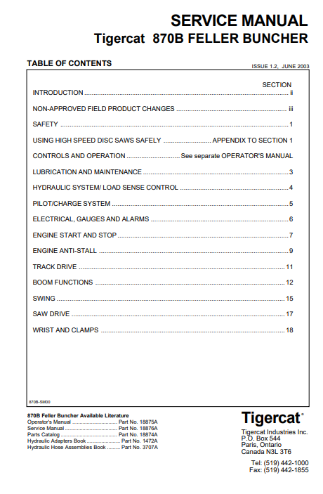 Tigercat 870B Feller Buncher Service Repair Manual (8700501-8700999)