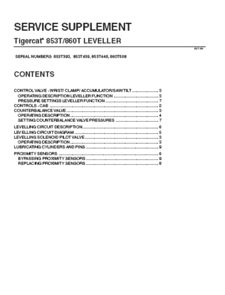 Tigercat 860T Feller Buncher Service Leveller Supplement Manual (860T508-860T799)