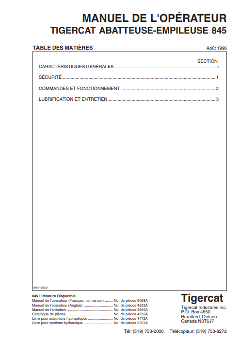 Tigercat 845 Feller Buncher Operator/User Manual (8450101-8450475)