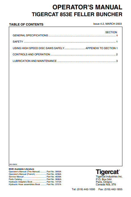 Tigercat 853T Feller Buncher Operator/User Manual (853T393-853T499)