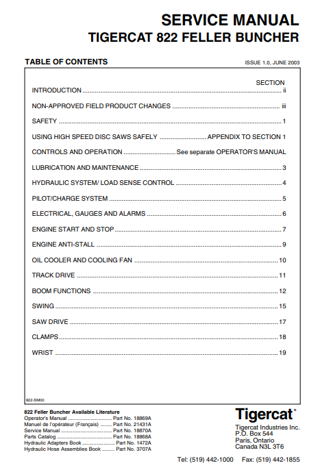 Tigercat 822 Feller Buncher Service Repair Manual (8220101-82210999, 8220101-8220999)