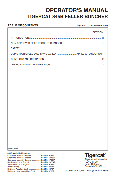 Tigercat 845B Feller Buncher Operator/User Manual (8450501-8451499)