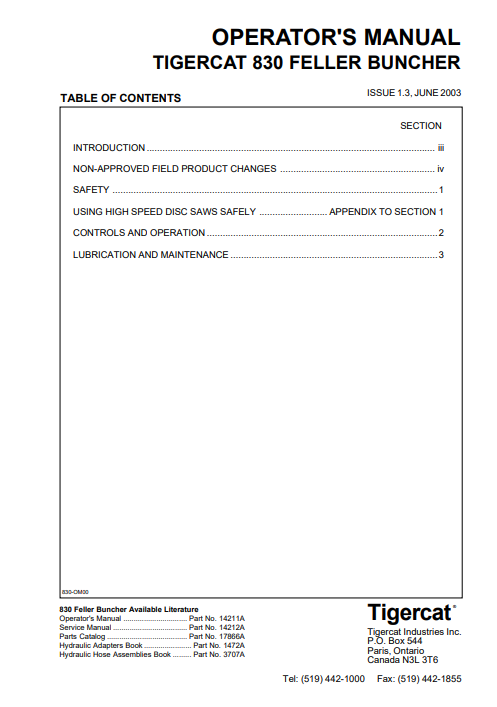 Tigercat 830 Feller Buncher Operator/User Manual (8300113-8300499)