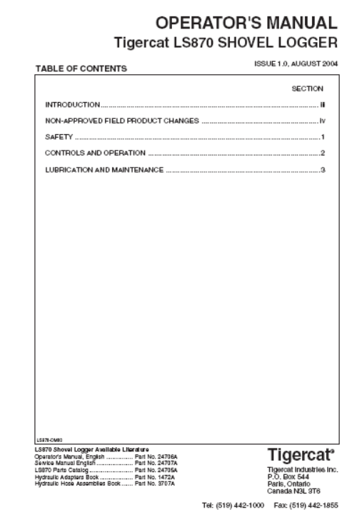 Tigercat LS870 Shovel Logger Operator/User Manual (87001168-87001499)