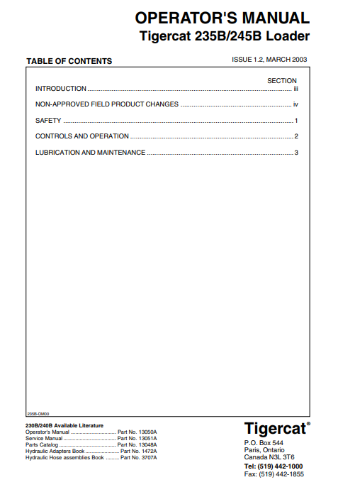Tigercat 245B Loader Operator/User Manual (2450201-2450500)