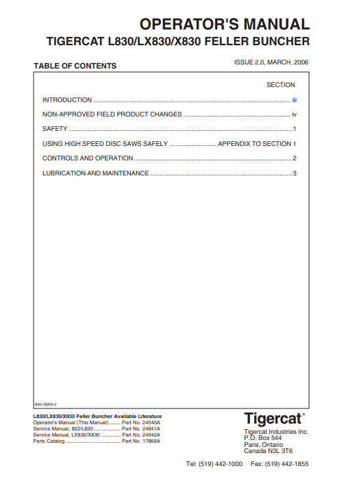 Tigercat L830 Feller Buncher Operator/User Manual (830T0101-83020999, 83020191-83020999)