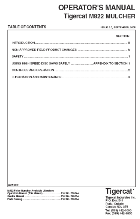 Tigercat M822 Mulcher Operator/User Manual (822110191-822110999)