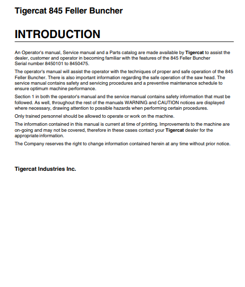 Tigercat L845 Feller Buncher Operator/User Manual (845T475-845T500)