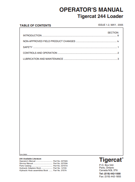 Tigercat 244 Loader Operator/User Manual (2440111-2440500)