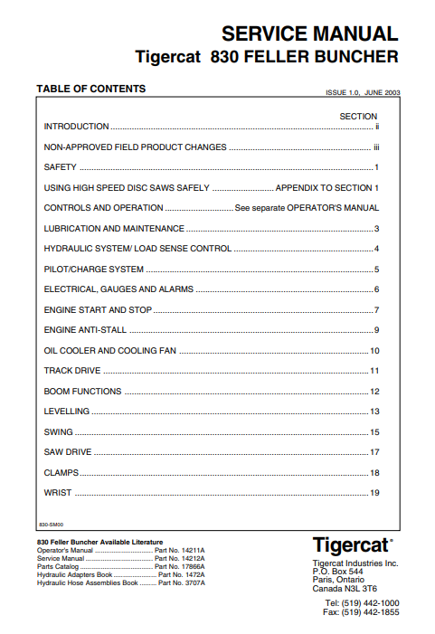 Tigercat 830 Feller Buncher Service Repair Manual (8300113-8300499)