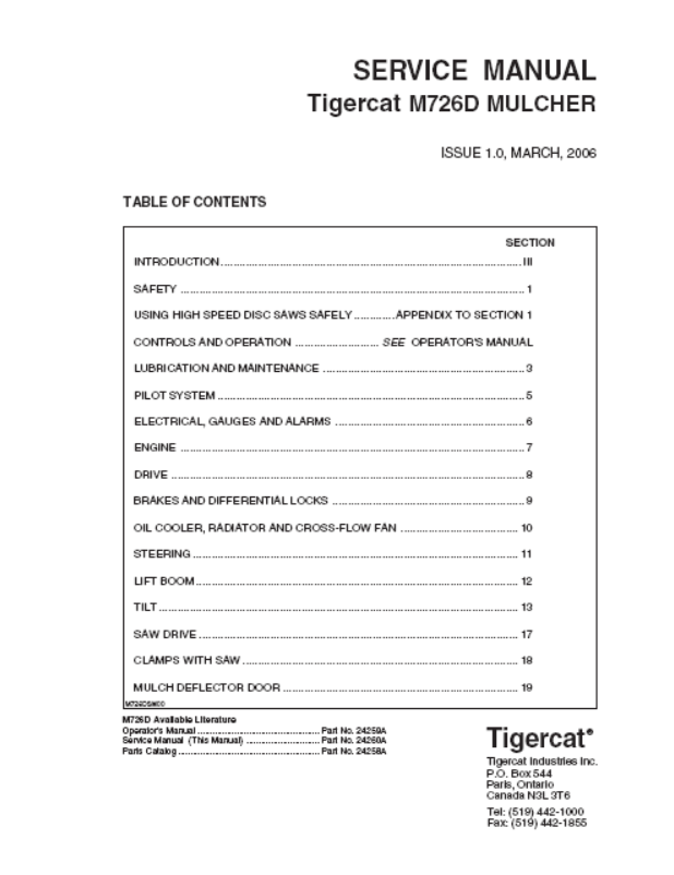 Tigercat M726D Mulcher Service Repair Manual (726M3001 - 726M3499)