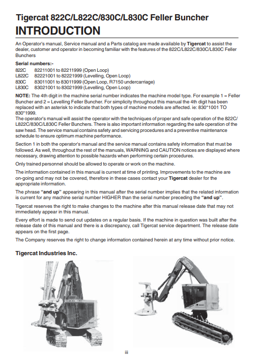 Tigercat 830C Feller Buncher Operator/User Manual (83011001-83013000, 83011001-83011999)