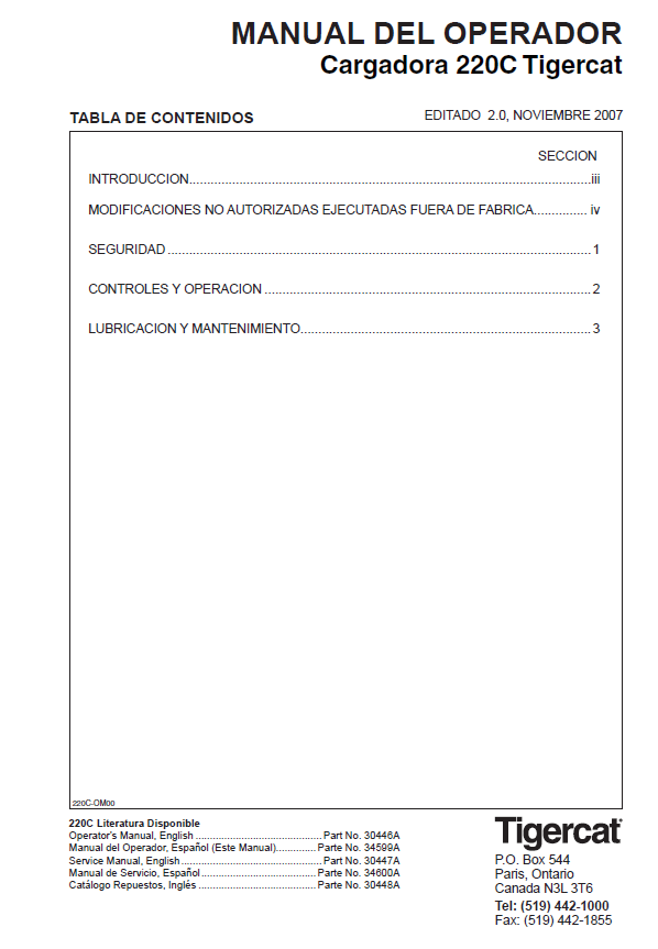 TIGERCAT 220C LOADER OPERATOR MANUAL (2200501-2200600)