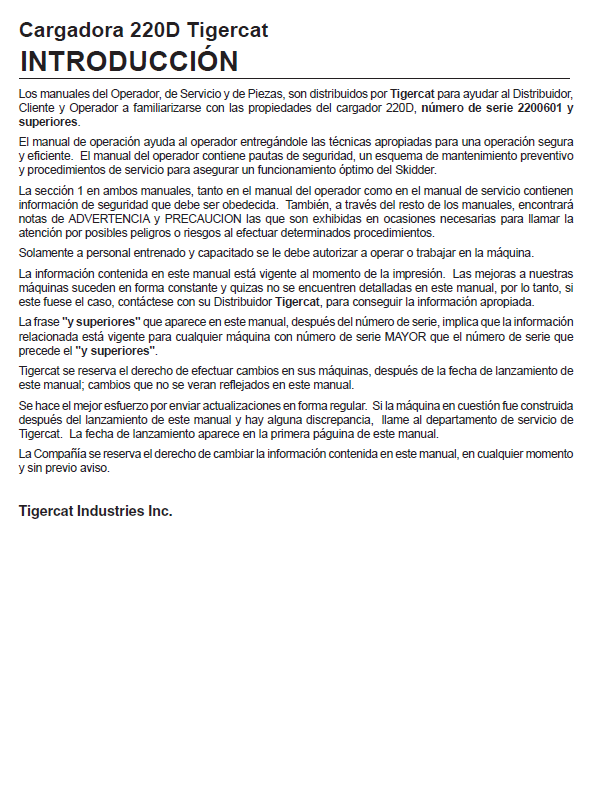 TIGERCAT 220D LOADER OPERATOR MANUAL (2200601-2201000)