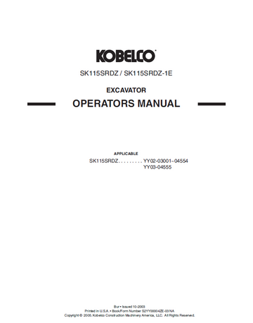 Kobelco Excavator SK115SRDZ & SK115SRDZ-1E Operator Manual
