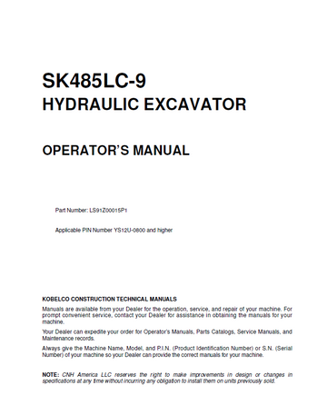 KOBELCO SK485LC-9 Tier 4 Hydraulic Excavator Operator Manual