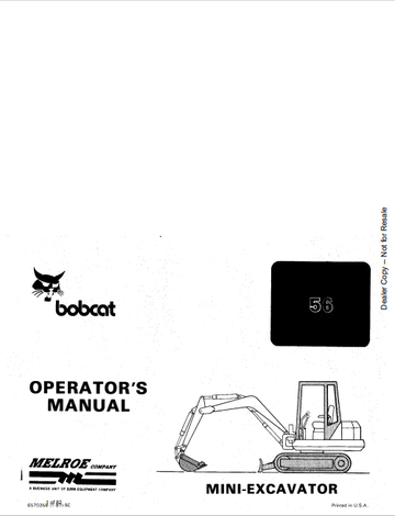 BOBCAT 56 MINI-EXCAVATOR OPERATION'S MANUAL (6570358) - PDF FILE