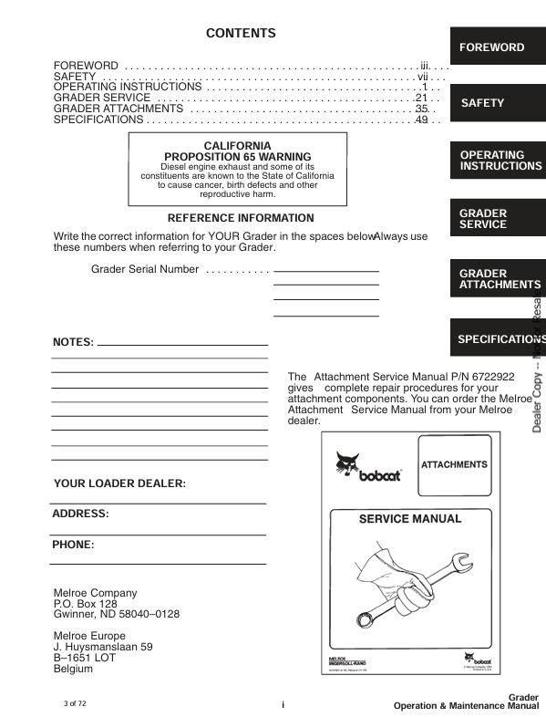 BOBCAT GRADER (6722410) OPERATION & MAINTENANCE MANUAL PDF FILE