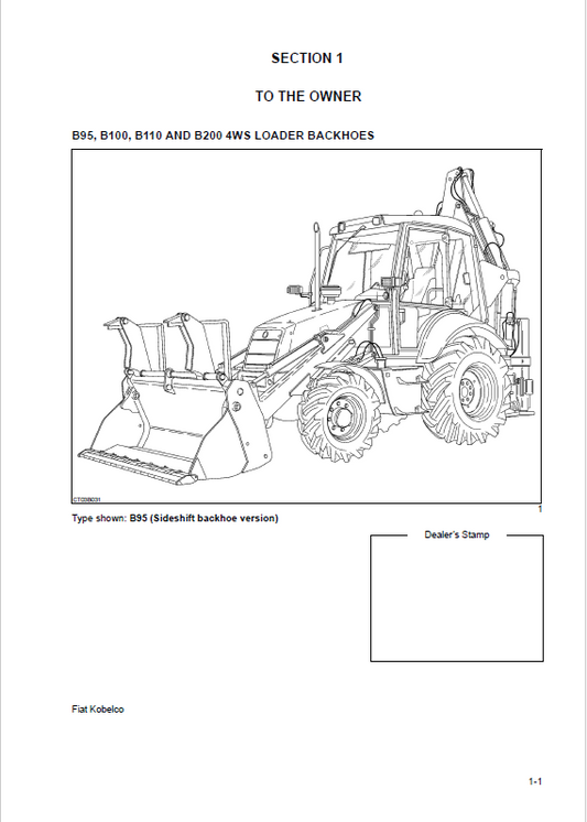 Kobelco B95 B100 B110 B200 4WS Backhoe Loader Operator Manual PDF