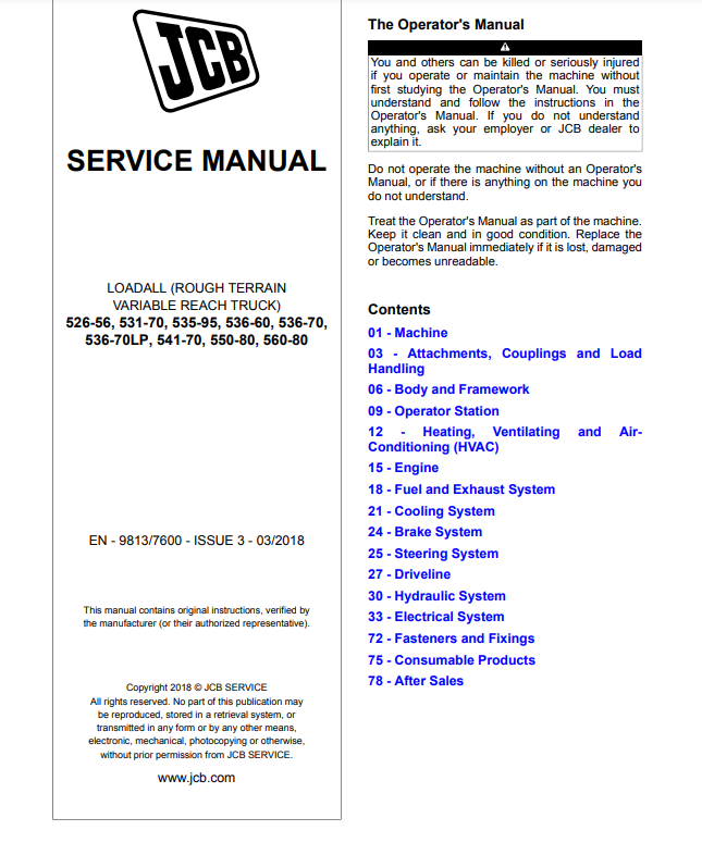 JCB 531-70 to 560-80 Telehandler Loadall Service Repair Manual