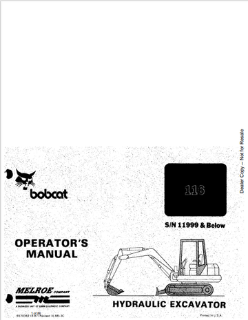 BOBCAT 116 HYDRAULIC EXCAVATOR OPERATION'S MANUAL (6570362) - PDF FILE