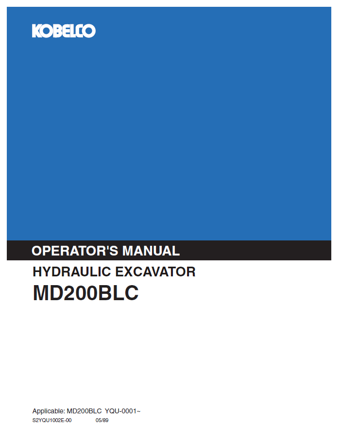 Kobelco Hydraulic Excavator MD200BLC Operator Manual | PDF Download