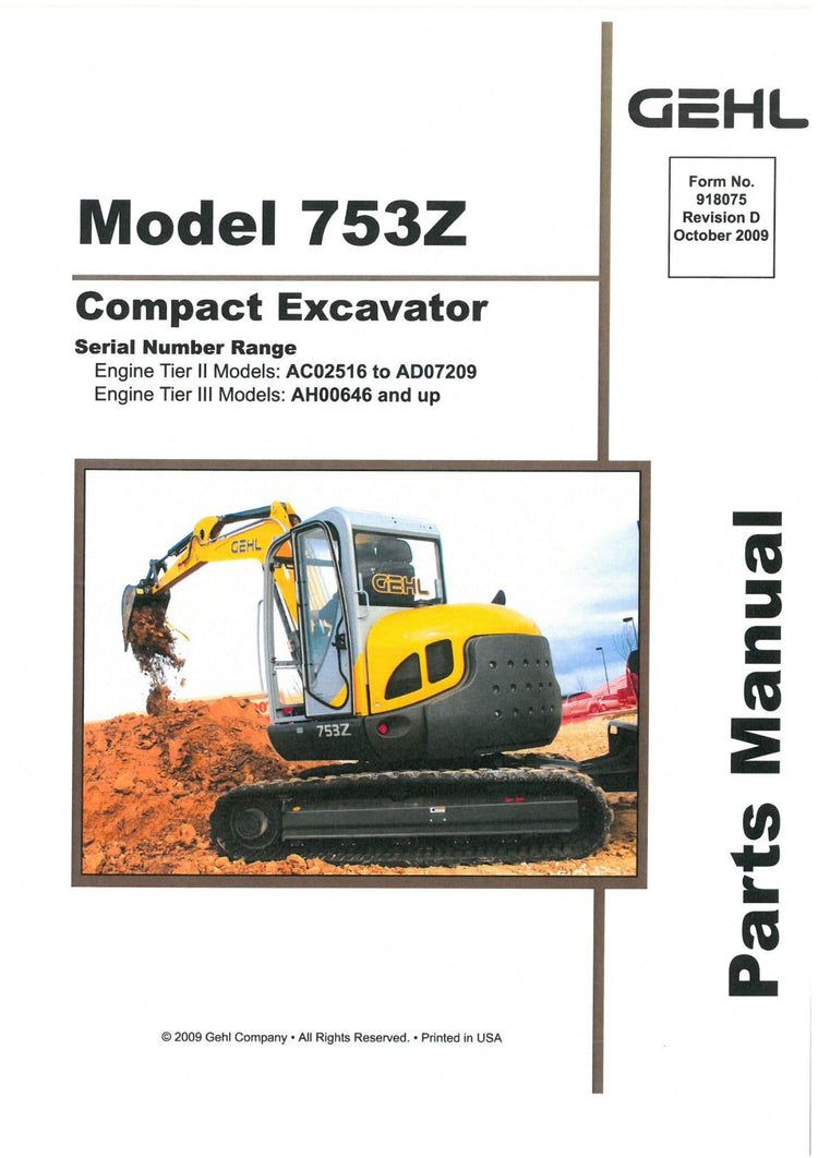 753Z Gehl Compact Excavator Parts Manual PDF Download | Model 918075
