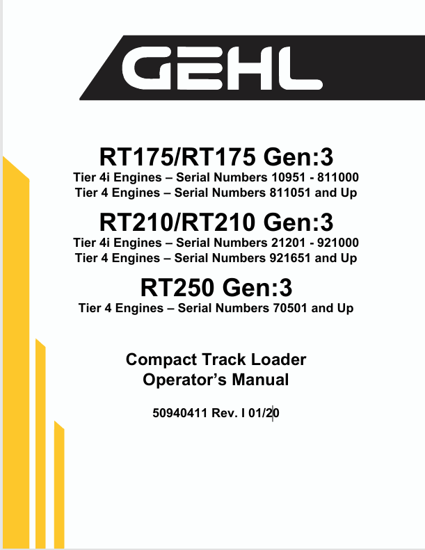 GEHL RT175, RT210 & RT250 Compact Track Loader Operator Manual PDF (50940411)