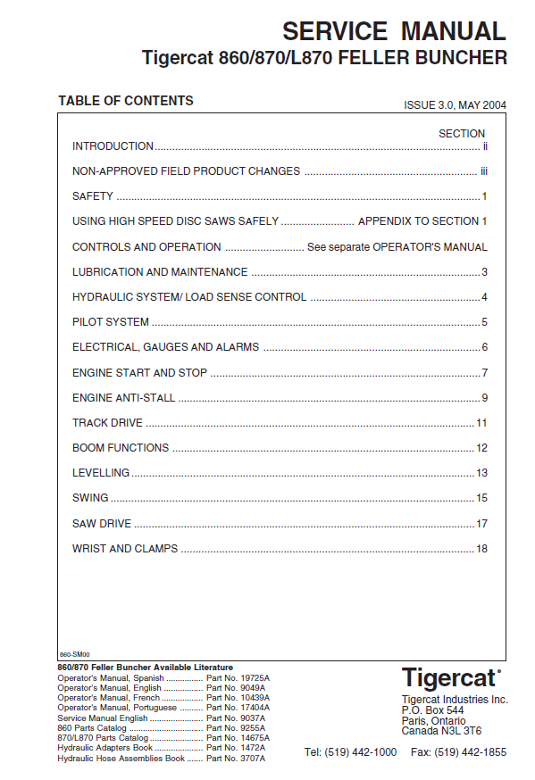 TIGERCAT 860 FELLER BUNCHER SERVICE MANUAL (8600501-86011499)