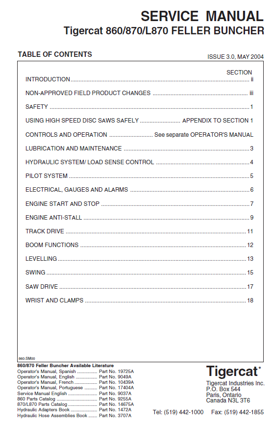 TIGERCAT 870 FELLER BUNCHER SERVICE MANUAL (8700101-87011499)